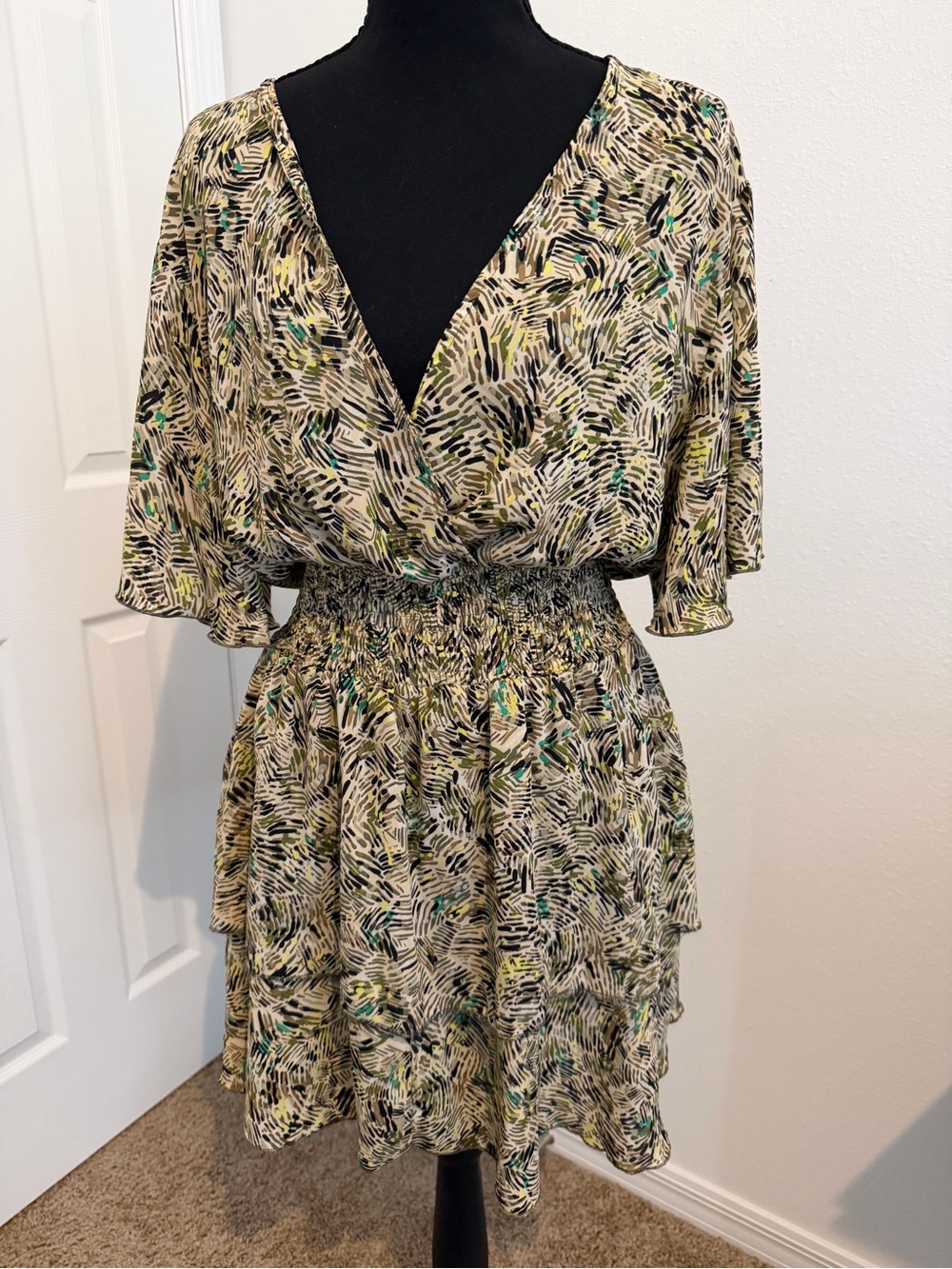 Zara Neutral Abstract V-Neck Smocked Waist Tiered Mini Dress with Green Accents